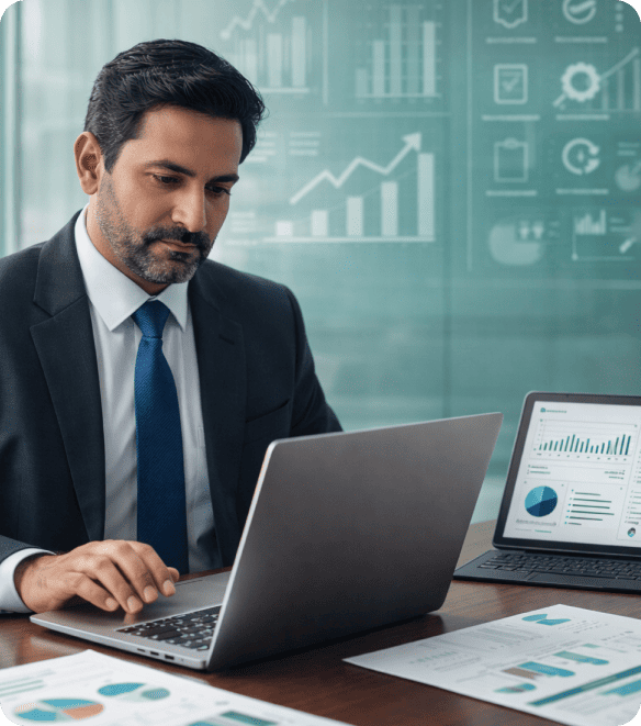 Financial consultant reviewing business reports